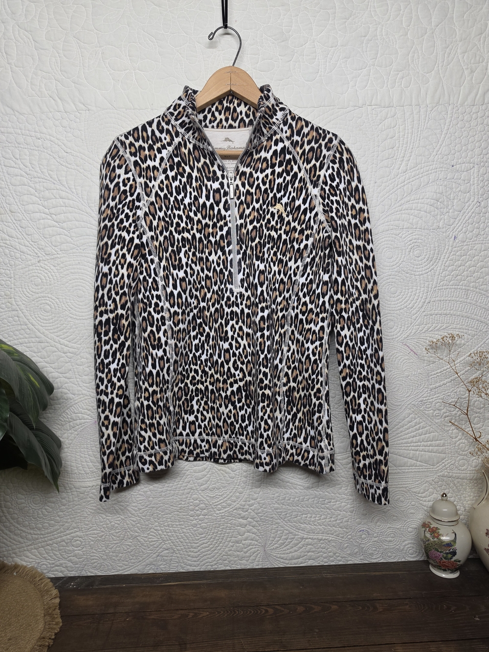 Tommy Bahama Leopard Print Half-Zip Pullover - Black, Brown, Cream